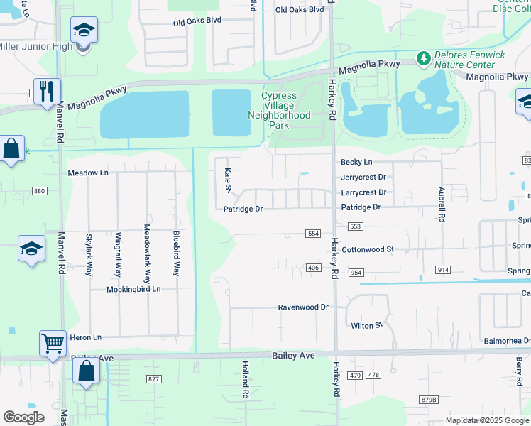 map of restaurants, bars, coffee shops, grocery stores, and more near 6404 County Road 742C in Pearland