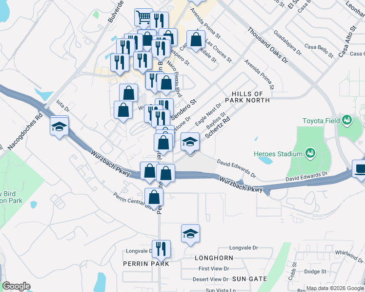 map of restaurants, bars, coffee shops, grocery stores, and more near 4215 Bayliss Street in San Antonio