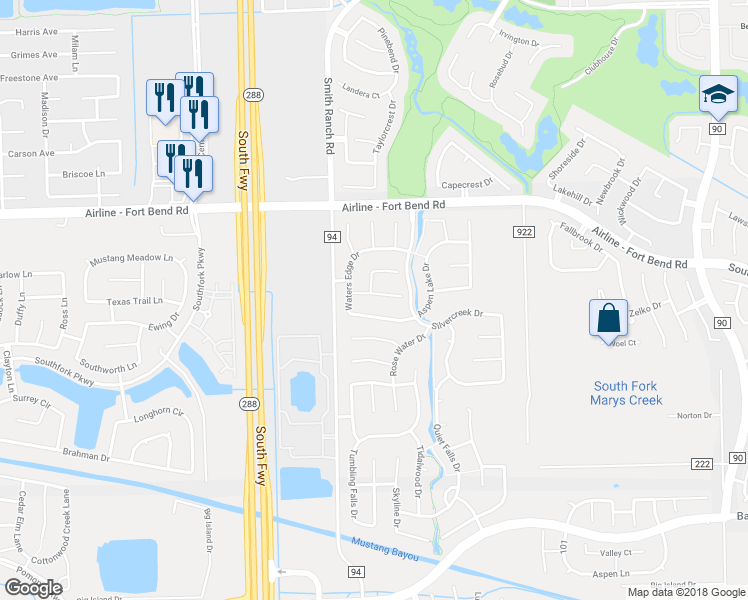 map of restaurants, bars, coffee shops, grocery stores, and more near 2618 Misty Grove Drive in Manvel