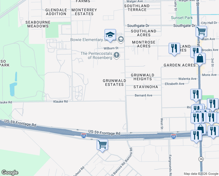 map of restaurants, bars, coffee shops, grocery stores, and more near 2716 Bamore Road in Rosenberg