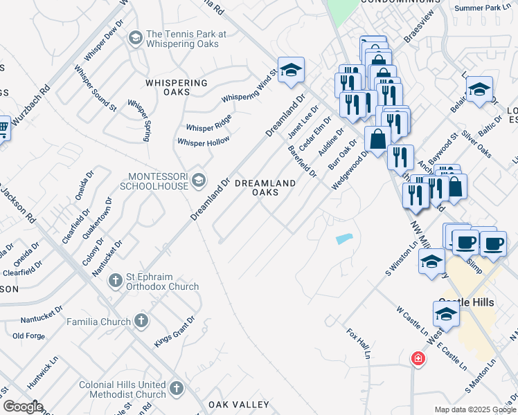 map of restaurants, bars, coffee shops, grocery stores, and more near 10714 Cedar Elm Drive in San Antonio