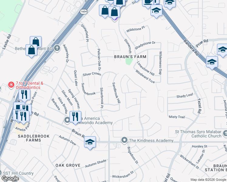 map of restaurants, bars, coffee shops, grocery stores, and more near 10123 Sandbrook Hill in San Antonio
