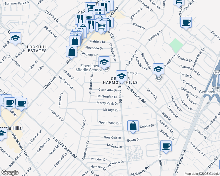 map of restaurants, bars, coffee shops, grocery stores, and more near 923 Cerro Alto Drive in San Antonio