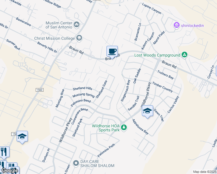 map of restaurants, bars, coffee shops, grocery stores, and more near 10207 Caspian Bend in San Antonio