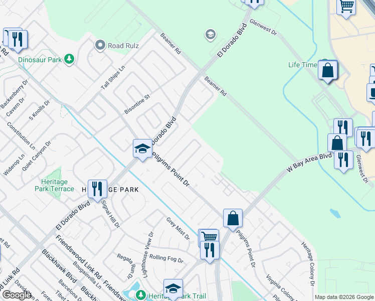 map of restaurants, bars, coffee shops, grocery stores, and more near 2338 Colonial Ridge Drive in Friendswood