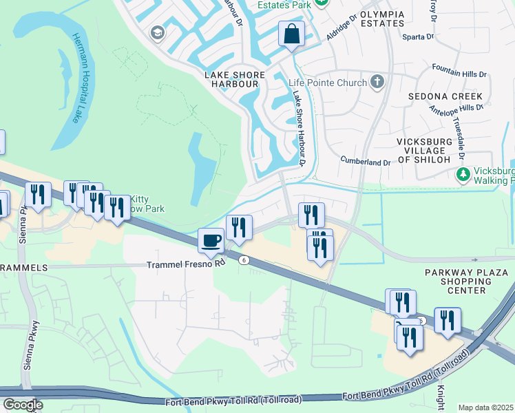 map of restaurants, bars, coffee shops, grocery stores, and more near 3826 West Vicksburg Estates Drive in Missouri City