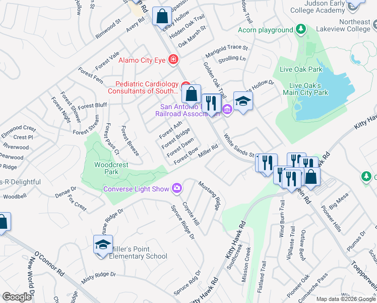 map of restaurants, bars, coffee shops, grocery stores, and more near 8119 Forest Bow in Live Oak