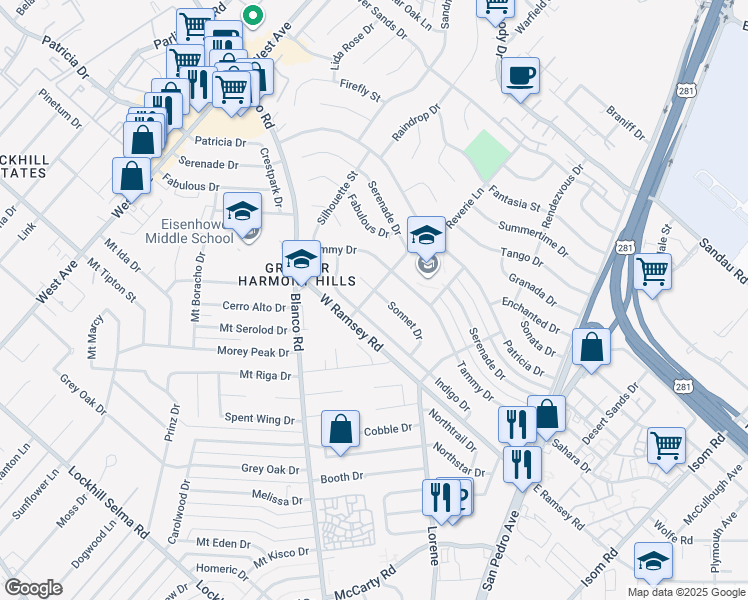 map of restaurants, bars, coffee shops, grocery stores, and more near 635 Indigo Drive in San Antonio