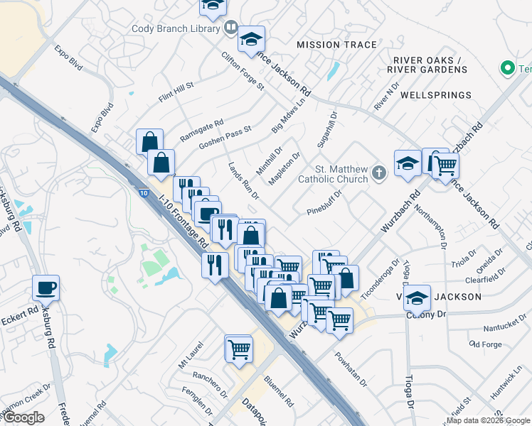 map of restaurants, bars, coffee shops, grocery stores, and more near 10703 Lands Run Drive in San Antonio