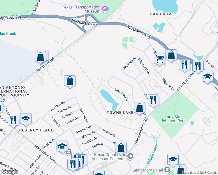 map of restaurants, bars, coffee shops, grocery stores, and more near 10922 Lazy Oaks Drive in San Antonio