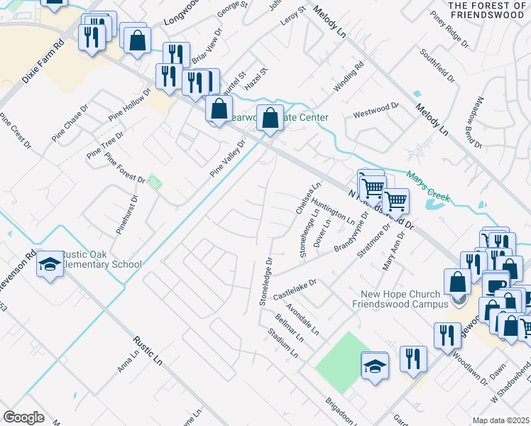 map of restaurants, bars, coffee shops, grocery stores, and more near 3521 Riverside Drive in Pearland