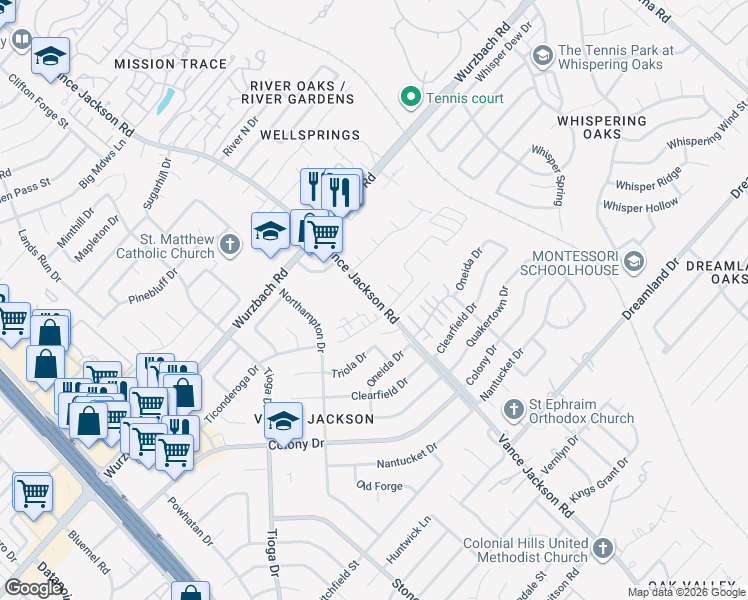 map of restaurants, bars, coffee shops, grocery stores, and more near 6245 Vance Jackson Road in San Antonio