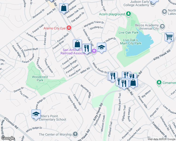 map of restaurants, bars, coffee shops, grocery stores, and more near 8134 Forest Bow in Live Oak