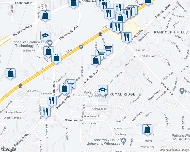 map of restaurants, bars, coffee shops, grocery stores, and more near 10827 Meadow Point in San Antonio