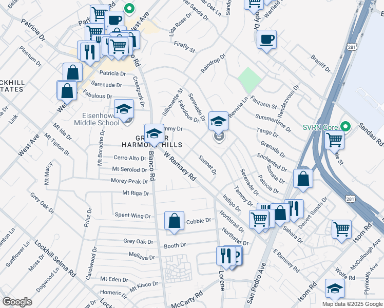 map of restaurants, bars, coffee shops, grocery stores, and more near 635 Indigo Drive in San Antonio