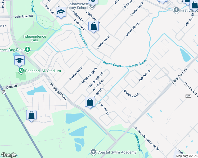 map of restaurants, bars, coffee shops, grocery stores, and more near 3615 Oak Crossing Drive in Pearland