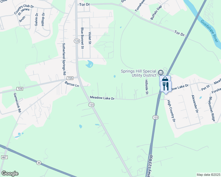 map of restaurants, bars, coffee shops, grocery stores, and more near 126 Meadow Lake Drive in Seguin
