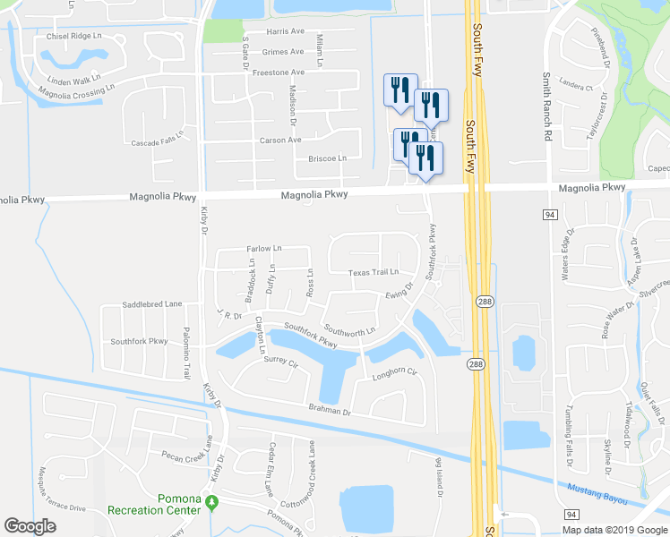 map of restaurants, bars, coffee shops, grocery stores, and more near 3323 Barnes Lane in Manvel