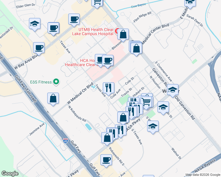 map of restaurants, bars, coffee shops, grocery stores, and more near 602 Packer Ct in Webster