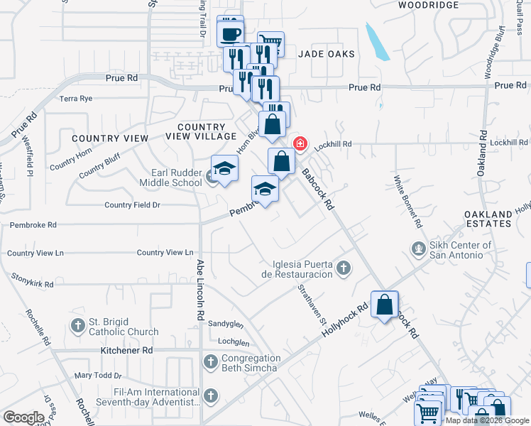 map of restaurants, bars, coffee shops, grocery stores, and more near 6450 Pembroke Road in San Antonio