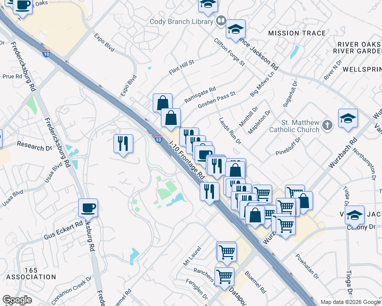 map of restaurants, bars, coffee shops, grocery stores, and more near 10303 Frontage Road in San Antonio