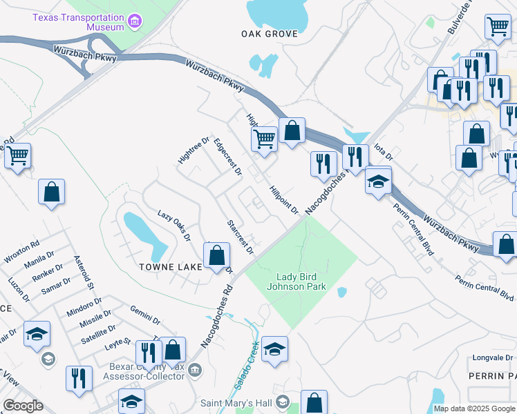 map of restaurants, bars, coffee shops, grocery stores, and more near 10631 Nacogdoches Road in San Antonio