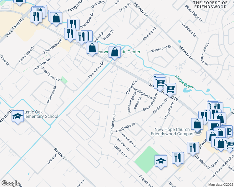 map of restaurants, bars, coffee shops, grocery stores, and more near 3521 Riverside Drive in Pearland
