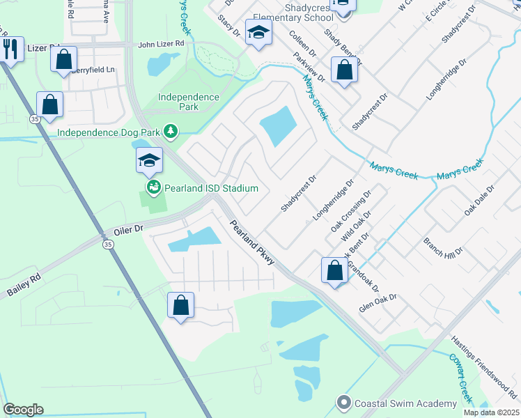map of restaurants, bars, coffee shops, grocery stores, and more near 3611 Fir Hollow Way in Pearland