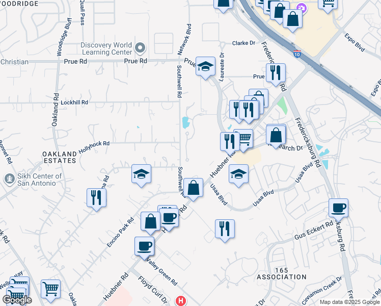 map of restaurants, bars, coffee shops, grocery stores, and more near 10240 Southwell Road in San Antonio