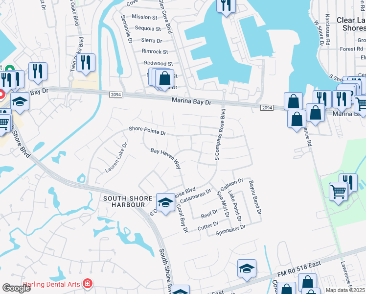 map of restaurants, bars, coffee shops, grocery stores, and more near 2228 Quiet Lake Court in League City