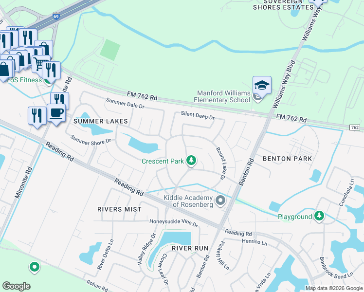 map of restaurants, bars, coffee shops, grocery stores, and more near 319 Summer Crescent Drive in Rosenberg