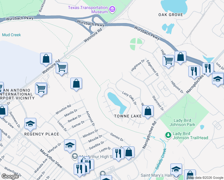 map of restaurants, bars, coffee shops, grocery stores, and more near 10922 Lazy Oaks Drive in San Antonio