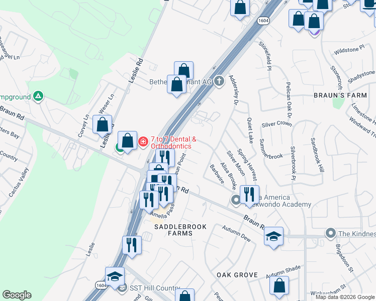 map of restaurants, bars, coffee shops, grocery stores, and more near 10038 Regal Point in San Antonio