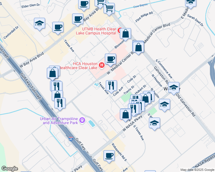 map of restaurants, bars, coffee shops, grocery stores, and more near 726-766 Texas Ave in Webster