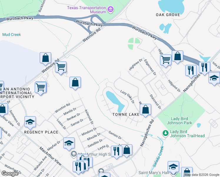 map of restaurants, bars, coffee shops, grocery stores, and more near 10922 Lazy Oaks Drive in San Antonio