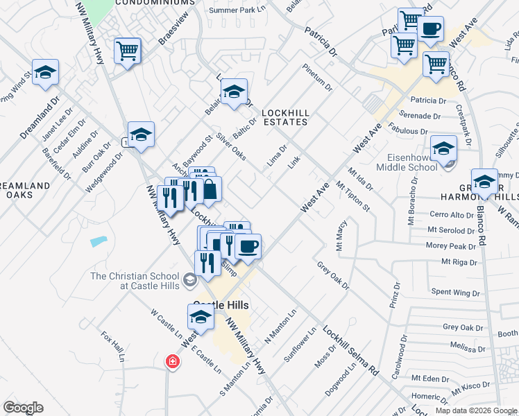 map of restaurants, bars, coffee shops, grocery stores, and more near 10614 Alys Way in San Antonio