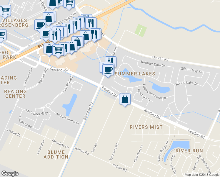 map of restaurants, bars, coffee shops, grocery stores, and more near 7510 Crescent Lake Court in Rosenberg