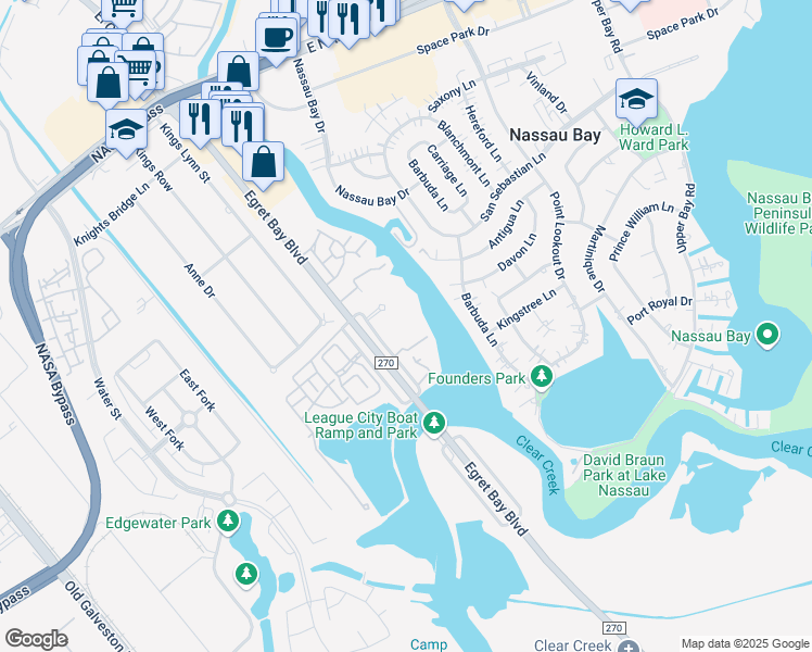 map of restaurants, bars, coffee shops, grocery stores, and more near 18711 Egret Bay Boulevard in Houston