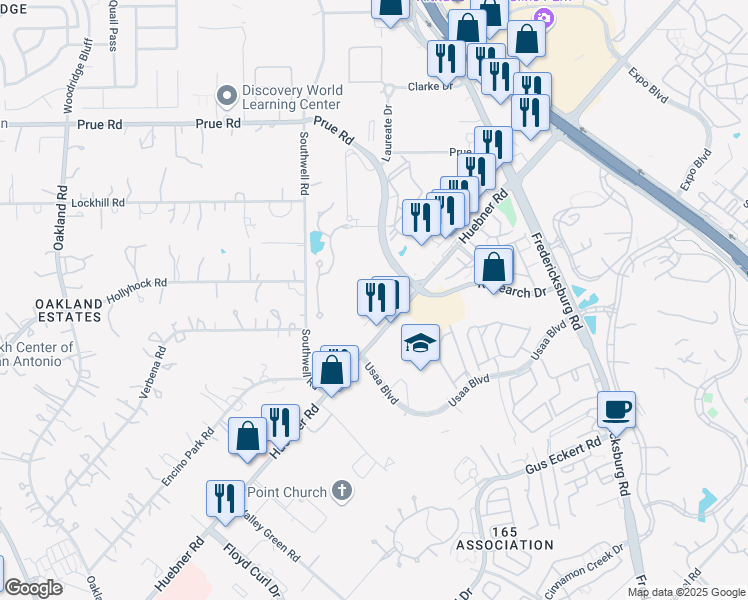 map of restaurants, bars, coffee shops, grocery stores, and more near 10127 Huebner Road in San Antonio