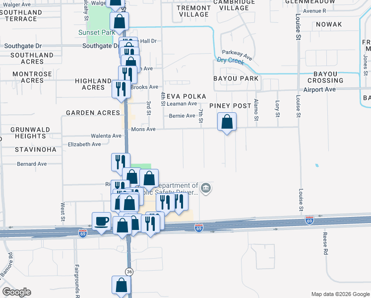 map of restaurants, bars, coffee shops, grocery stores, and more near 2809 Chupik Street in Rosenberg