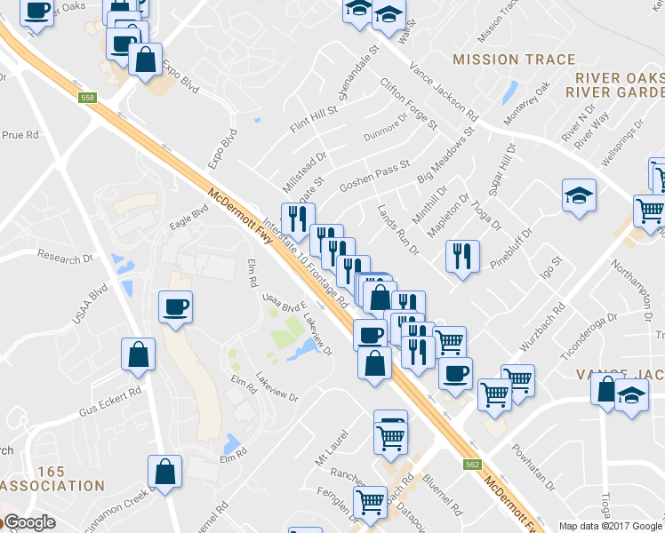 map of restaurants, bars, coffee shops, grocery stores, and more near 10303 W Interstate 10 in San Antonio