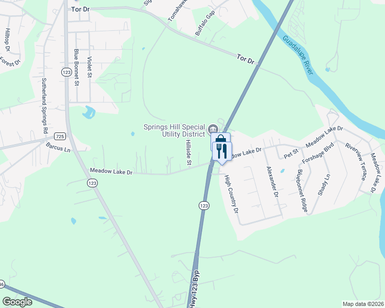 map of restaurants, bars, coffee shops, grocery stores, and more near 121 Hillside Street in Seguin
