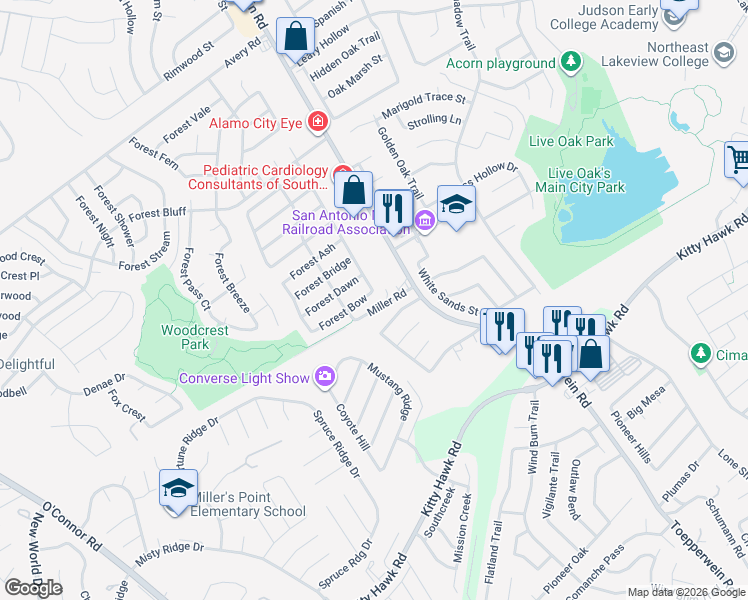map of restaurants, bars, coffee shops, grocery stores, and more near 8134 Forest Bow in Live Oak