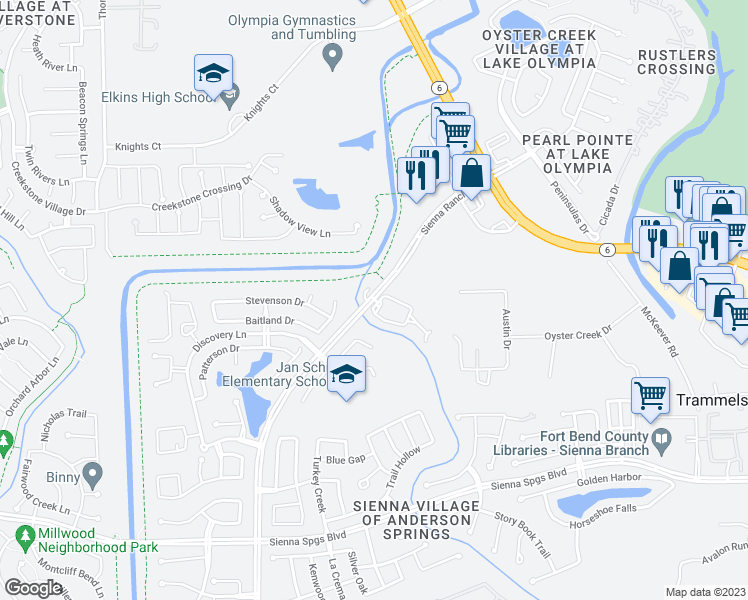 map of restaurants, bars, coffee shops, grocery stores, and more near 6304 Sienna Ranch Road in Missouri City