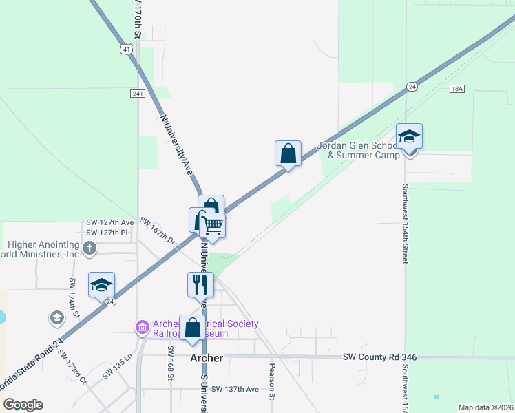 map of restaurants, bars, coffee shops, grocery stores, and more near 15907 Northeast State Road 24 in Archer