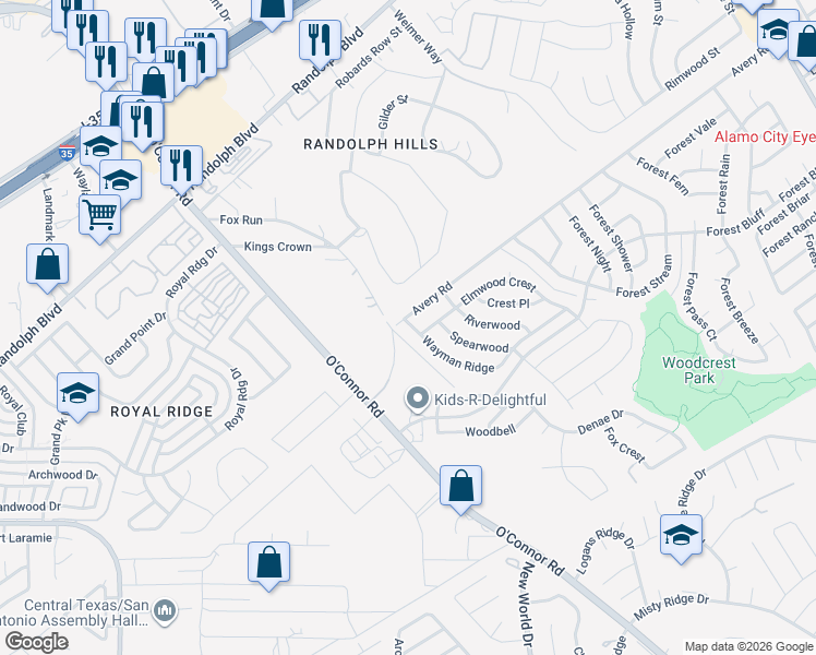 map of restaurants, bars, coffee shops, grocery stores, and more near 6608 Wayman Ridge in San Antonio