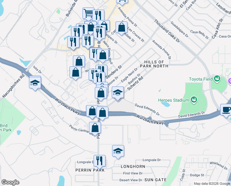 map of restaurants, bars, coffee shops, grocery stores, and more near 4215 Bayliss Street in San Antonio
