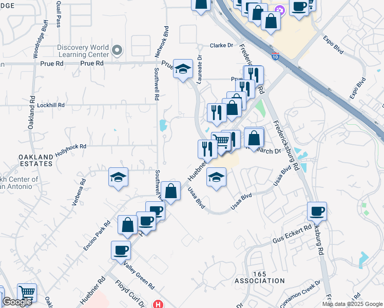 map of restaurants, bars, coffee shops, grocery stores, and more near 10127 Huebner Road in San Antonio