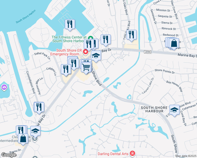 map of restaurants, bars, coffee shops, grocery stores, and more near 101 Courageous Drive in League City