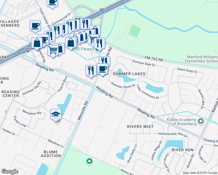 map of restaurants, bars, coffee shops, grocery stores, and more near 7510 Crescent Lake Court in Rosenberg